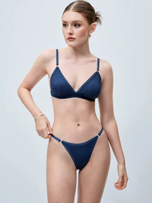 Softvol Women's Solid Color Contrast Lace Comfortable Lingerie Set For Everyday Wear Casual Without Padding - Blue - View 5