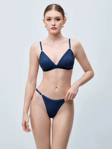 Softvol Women's Solid Color Contrast Lace Comfortable Lingerie Set For Everyday Wear Casual Without Padding - Blue - View 3