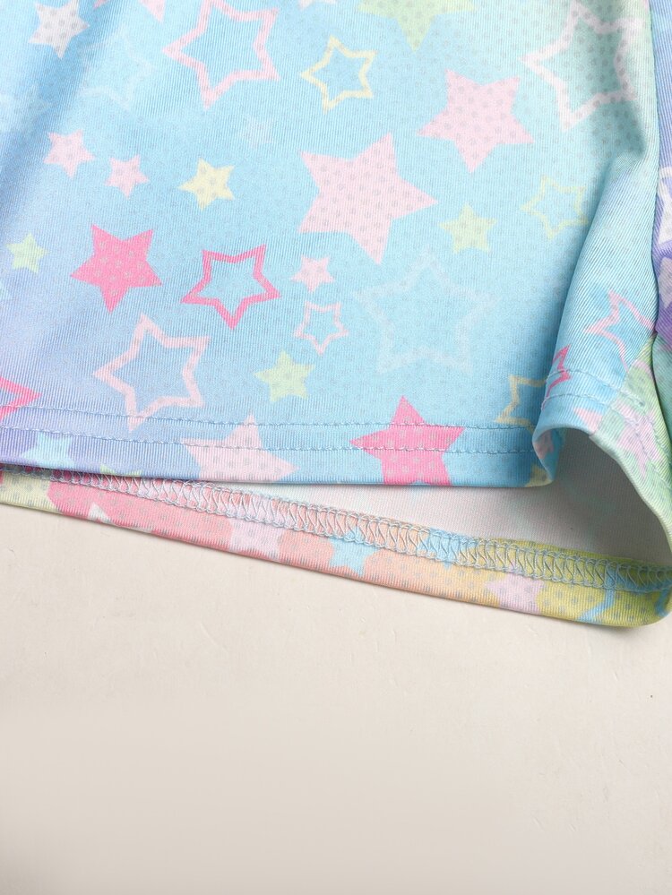 Kids Tween Girl Rainbow Printed Long Sleeve Mock Neck Zip-Up T-Shirt Camisole & Bike Shorts 3Pcs Set - Multicolor - View 10