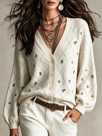 Breezaya Chaqueta de punto suelta con botones delanteros, mangas de farol, bordado, estilo Mori, color albaricoque, para mujer, otoño/invierno, casual para casa y vacaciones