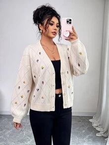 Elenzga Women's Autumn/Winter Home Holiday Casual Mori Style Apricot Embroidered Lantern Sleeve Front Button Ribbed Loose Knit Cardigan Jacket - Apricot - View 6
