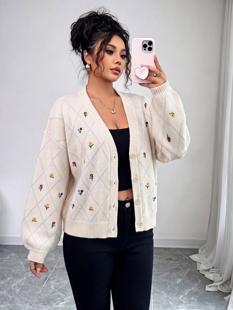 Elenzga Women's Autumn/Winter Home Holiday Casual Mori Style Apricot Embroidered Lantern Sleeve Front Button Ribbed Loose Knit Cardigan Jacket - Apricot - View 6
