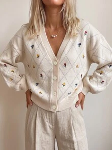 Elenzga Women's Autumn/Winter Home Holiday Casual Mori Style Apricot Embroidered Lantern Sleeve Front Button Ribbed Loose Knit Cardigan Jacket - Apricot - View 5