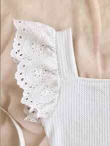 SHEIN Tween Girl Casual Vacation Patchwork Embroidered Lace Trim Textured Knit Fitted Cropped Square Neck T-Shirt Top White - Multicolor - View 4