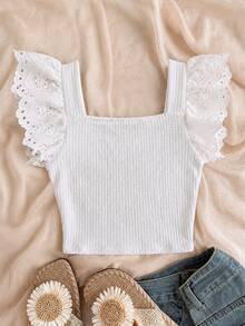 SHEIN Tween Girl Casual Vacation Patchwork Embroidered Lace Trim Textured Knit Fitted Cropped Square Neck T-Shirt Top White - Multicolor - View 2