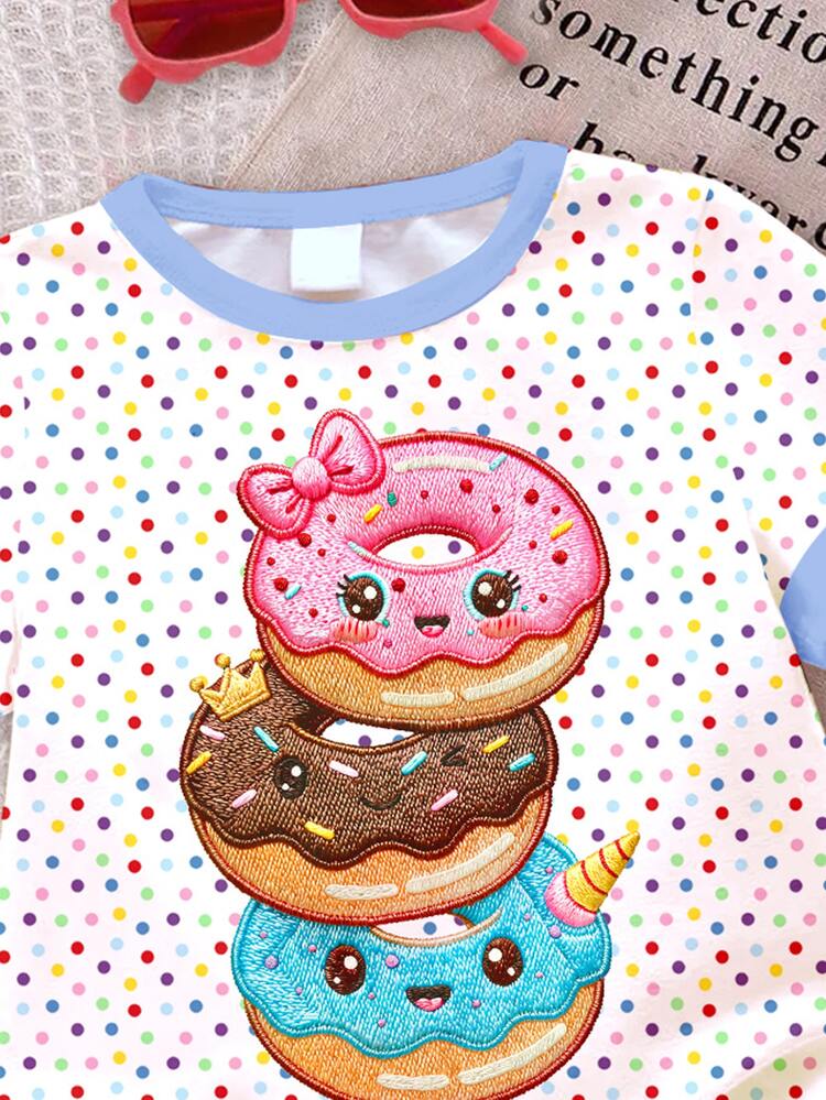 Baby Girl Casual Simple Cute Donut Pattern, Colorful Polka Dot Print, Sweet Cream Style, Vacation Style, Short Sleeve Round Neck T-Shirt Suitable For Summer Graphic Tee, Cozy, Tops, Y2k, Kawaii - Multicolor - View 4