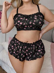 PetitDoll 大尺碼女款性感印花荷葉邊內衣套裝 2件組 - 黑色 - 查看 3
