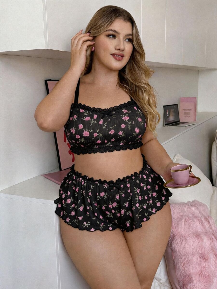 PetitDoll 大尺碼女款性感印花荷葉邊內衣套裝 2件組 - 黑色 - 查看 1
