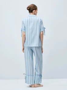 Softvol Striped Print Lapel Contrast Color Casual Homewear Short Sleeve Top And Pants Set For Women - Blue - View 2