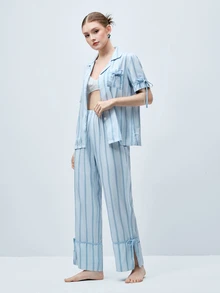 Softvol Striped Print Lapel Contrast Color Casual Homewear Short Sleeve Top And Pants Set For Women - Blue - View 10