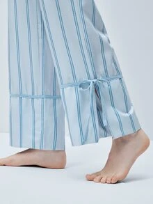 Softvol Striped Print Lapel Contrast Color Casual Homewear Short Sleeve Top And Pants Set For Women - Blue - View 7
