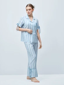 Softvol Striped Print Lapel Contrast Color Casual Homewear Short Sleeve Top And Pants Set For Women - Blue - View 5