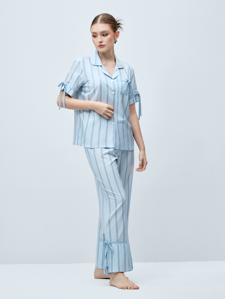 Softvol 条纹印花翻领撞色休闲家居服短袖上衣和裤子套装（女款） - 藍色 - 查看 5