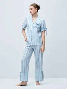Softvol Striped Print Lapel Contrast Color Casual Homewear Short Sleeve Top And Pants Set For Women - Blue - View 3