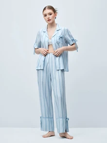 Softvol Striped Print Lapel Contrast Color Casual Homewear Short Sleeve Top And Pants Set For Women - Blue - View 8