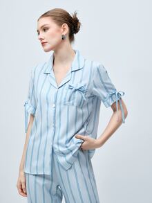 Softvol Striped Print Lapel Contrast Color Casual Homewear Short Sleeve Top And Pants Set For Women - Blue - View 6