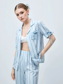 Softvol Striped Print Lapel Contrast Color Casual Homewear Short Sleeve Top And Pants Set For Women - Blue - View 9