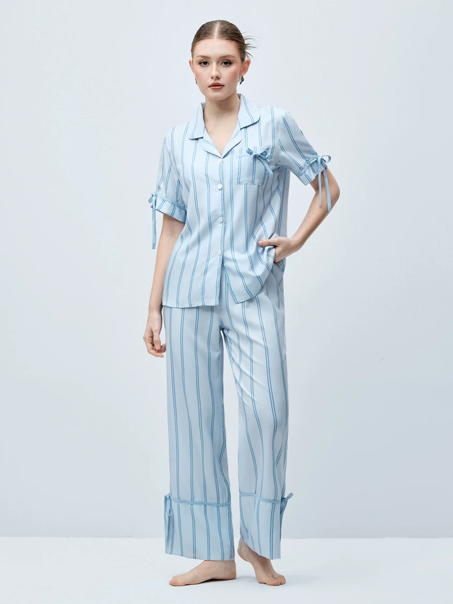 Softvol Striped Print Lapel Contrast Color Casual Homewear Short Sleeve Top And Pants Set For Women - Blue - View 1