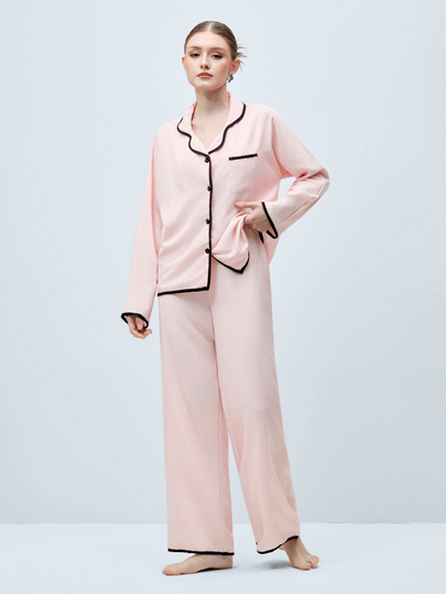 Softvol Set Piyama Wanita Lengan Panjang Longgar dengan Kerah dan Trim Kontras Warna Pink Muda, Set Piyama Dua Potong, Set Pakaian Tidur Wanita, Set Pakaian Santai, Pakaian Musim Gugur & Musim Dingin