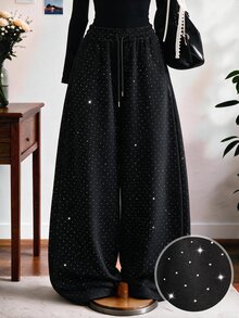 Lalippa Celana Panjang Wanita Minimalis Berhiaskan Rhinestone Mengkilap, Hadiah untuk Teman - Hitam - View 1