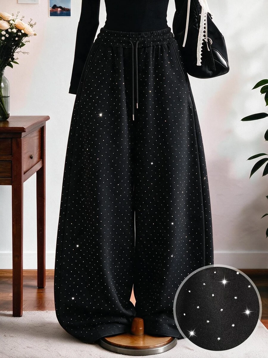 Lalippa Celana Panjang Wanita Minimalis Berhiaskan Rhinestone Mengkilap, Hadiah untuk Teman - Hitam - View 1