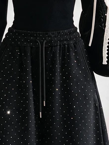Lalippa Celana Panjang Wanita Minimalis Berhiaskan Rhinestone Mengkilap, Hadiah untuk Teman - Hitam - View 3