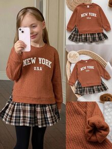 SHEIN 女童少女咖啡色拼接復古格紋洋裝，2合1休閒百搭時尚款，柔軟舒適 - 咖啡 - 查看 6