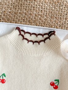 SHEIN 適合日常生活、旅行、度假、返校的少女櫻桃印花秋季套頭毛衣 - 米色 - 查看 6