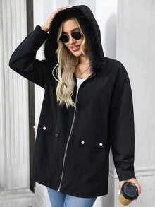 EMERY ROSE جاكيت نسائي بلون موحد بأكمام طويلة وسحاب وياقة فرو وغطاء رأس بقصة عادية - الأسود - مشاهدة 8