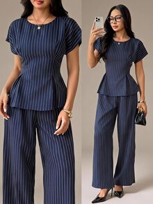 SHEIN PETITE Women's 2 Pieces Set Navy Blue Striped A-Line Ruffle Top Wide Leg Straight Pants Elegant Casual Business Professional Office Work Teachers' Day Summer - Navy Blue - View 1