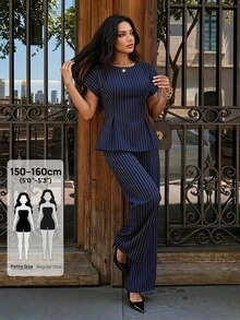 SHEIN PETITE Women's 2 Pieces Set Navy Blue Striped A-Line Ruffle Top Wide Leg Straight Pants Elegant Casual Business Professional Office Work Teachers' Day Summer - Navy Blue - View 8