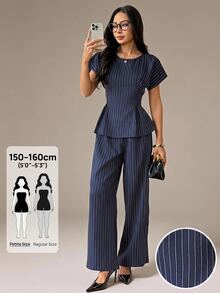 SHEIN PETITE Women's 2 Pieces Set Navy Blue Striped A-Line Ruffle Top Wide Leg Straight Pants Elegant Casual Business Professional Office Work Teachers' Day Summer - Navy Blue - View 13