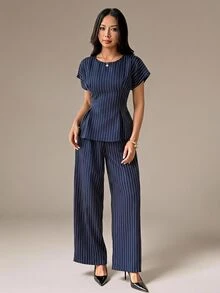 SHEIN PETITE Women's 2 Pieces Set Navy Blue Striped A-Line Ruffle Top Wide Leg Straight Pants Elegant Casual Business Professional Office Work Teachers' Day Summer - Navy Blue - View 11