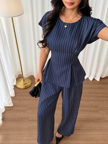 SHEIN PETITE Women's 2 Pieces Set Navy Blue Striped A-Line Ruffle Top Wide Leg Straight Pants Elegant Casual Business Professional Office Work Teachers' Day Summer - Navy Blue - View 3