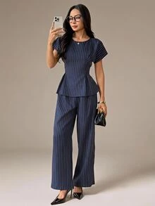 SHEIN PETITE Women's 2 Pieces Set Navy Blue Striped A-Line Ruffle Top Wide Leg Straight Pants Elegant Casual Business Professional Office Work Teachers' Day Summer - Navy Blue - View 10