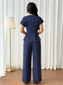 SHEIN PETITE Women's 2 Pieces Set Navy Blue Striped A-Line Ruffle Top Wide Leg Straight Pants Elegant Casual Business Professional Office Work Teachers' Day Summer - Navy Blue - View 2