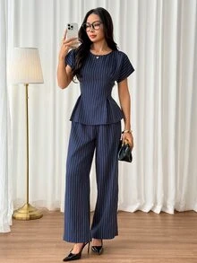 SHEIN PETITE Women's 2 Pieces Set Navy Blue Striped A-Line Ruffle Top Wide Leg Straight Pants Elegant Casual Business Professional Office Work Teachers' Day Summer - Navy Blue - View 5