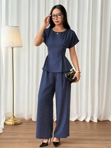 SHEIN PETITE Women's 2 Pieces Set Navy Blue Striped A-Line Ruffle Top Wide Leg Straight Pants Elegant Casual Business Professional Office Work Teachers' Day Summer - Navy Blue - View 7