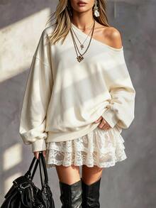 LUMIGAL Gaun Hoodie Lengan Panjang Wanita dengan Hiasan Renda dan Ruffle, Warna Polos, Musim Gugur, Gaya Kasual Urban High Street - Putih - View 6