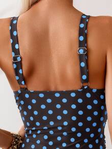 Swim Basics Women's Polka Dot Ruffle One-Piece Swimsuit,Black,Summer,70s,Holiday,Party,Holiday,Suitable For Beach Vacation,Pool Party Retro Swimwear Date - Blue - View 4