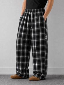 Men's Drawstring Waist Plaid Wide Leg Loose Woven Long Pants - Black and White - View 2