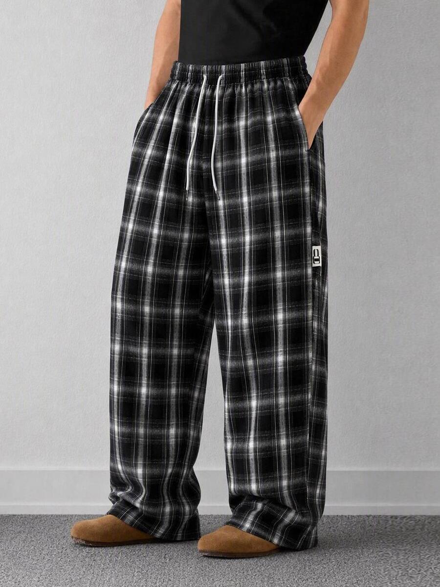 Men's Drawstring Waist Plaid Wide Leg Loose Woven Long Pants