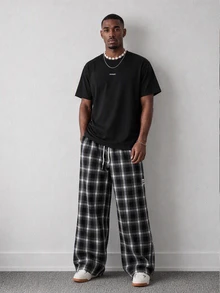 Men's Drawstring Waist Plaid Wide Leg Loose Woven Long Pants - Black and White - View 5