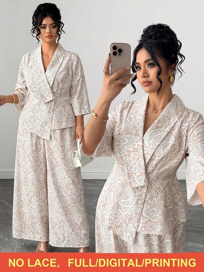 Elenzga Conjunto de blusa de manga media con cuello en V y estampado de encaje falso color albaricoque y pantalones largos para mujer de talla grande, elegante y adecuado para uso diario