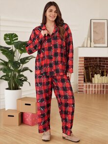 Doze Lane Halloween Plaid Plus Size Women's Pajama Set Holiday Casual Loungewear - Red - View 4