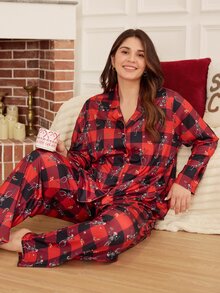 Doze Lane Halloween Plaid Plus Size Women's Pajama Set Holiday Casual Loungewear - Red - View 11