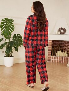 Doze Lane Halloween Plaid Plus Size Women's Pajama Set Holiday Casual Loungewear - Red - View 3