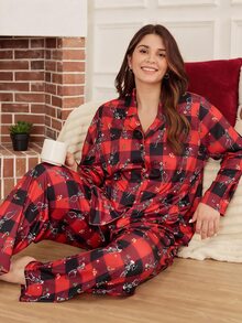 Doze Lane Halloween Plaid Plus Size Women's Pajama Set Holiday Casual Loungewear - Red - View 1