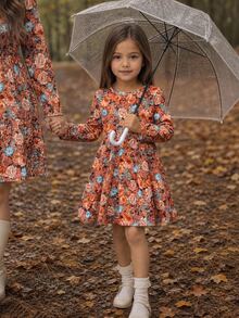 Emery Rose Kids Emery Rose Kids 女童小女孩復古森系油畫碎花長袖洋裝，圓領高腰娃娃裙 - 彩色 - 查看 4
