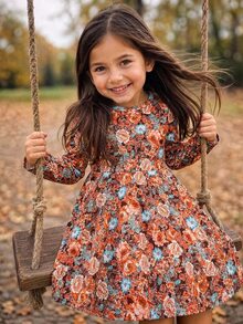 Emery Rose Kids Emery Rose Kids 女童小女孩復古森系油畫碎花長袖洋裝，圓領高腰娃娃裙 - 彩色 - 查看 3